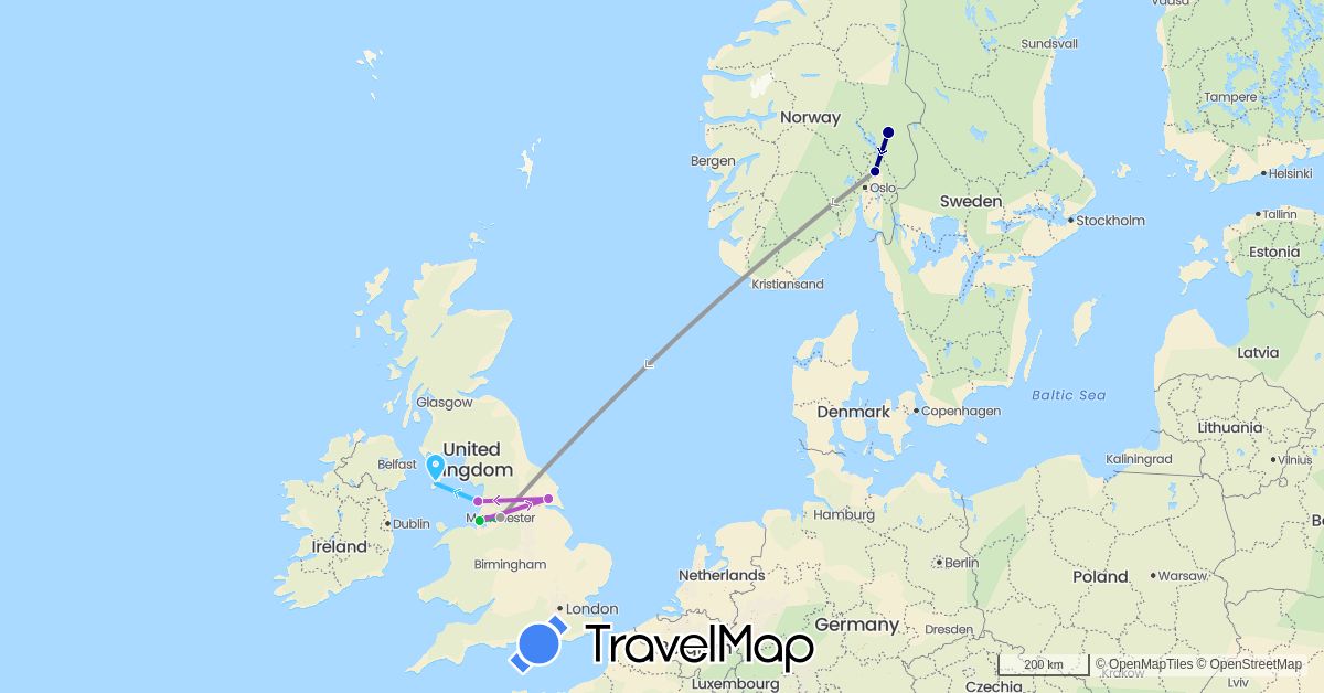 TravelMap itinerary: driving, bus, plane, train, boat in United Kingdom, Isle of Man, Norway (Europe)